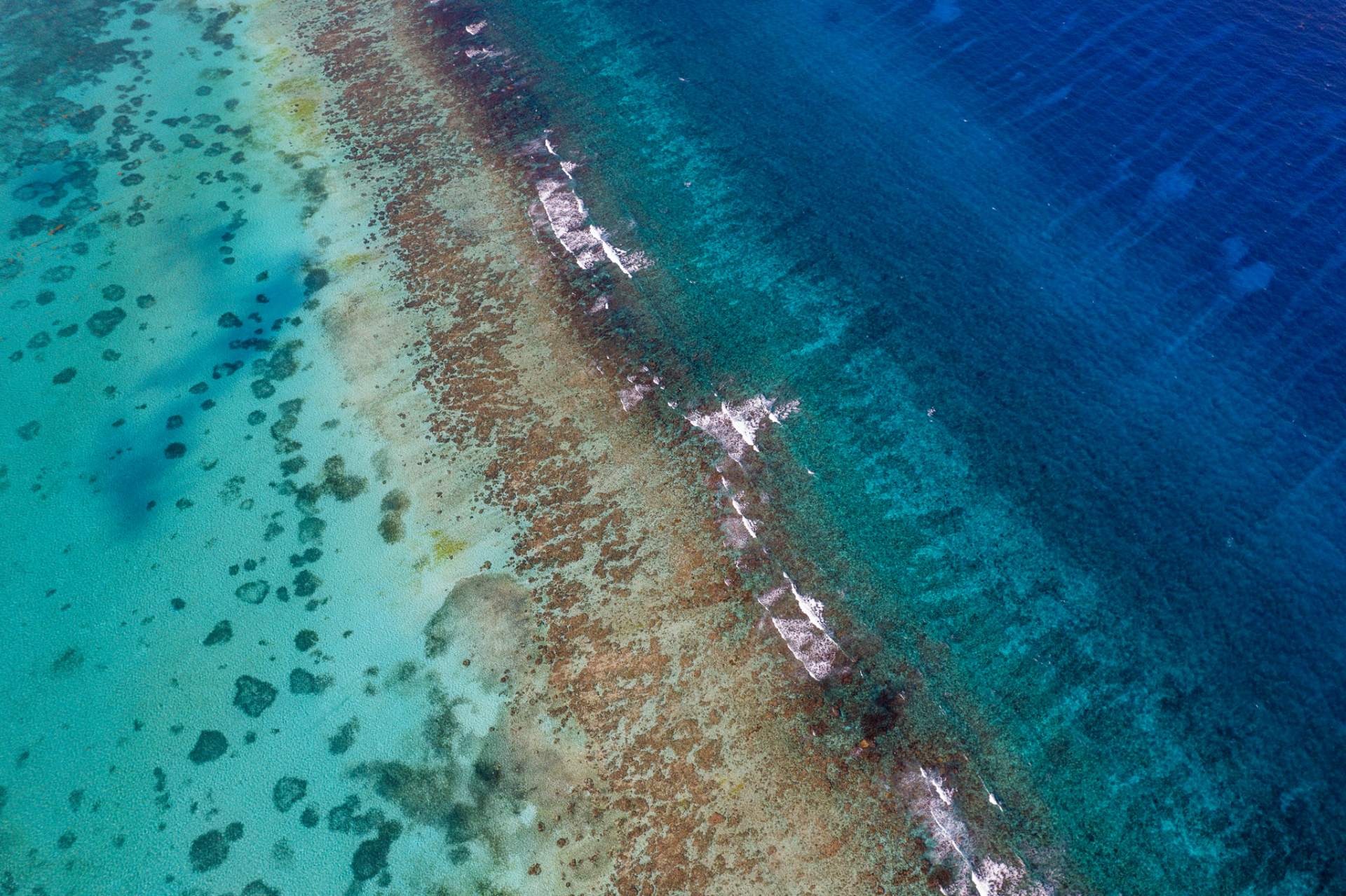 Aerial view of a reef crest where shallow turquoise water meets deep blue ocean