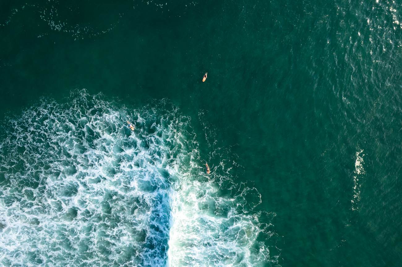 Aerial view of surfers paddling near a breaking wave in deep green water