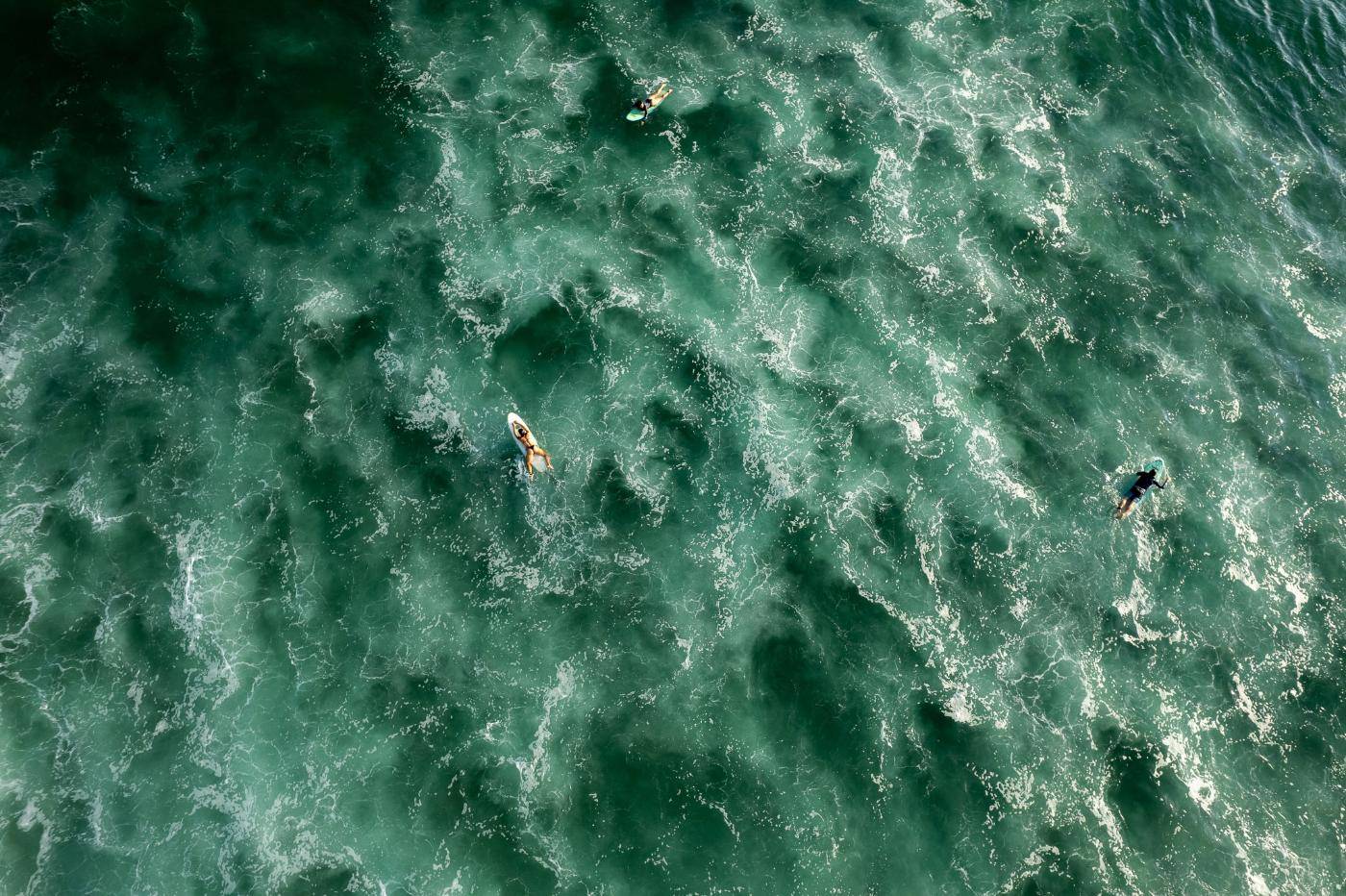 Aerial view of surfers in deep green Pacific water
