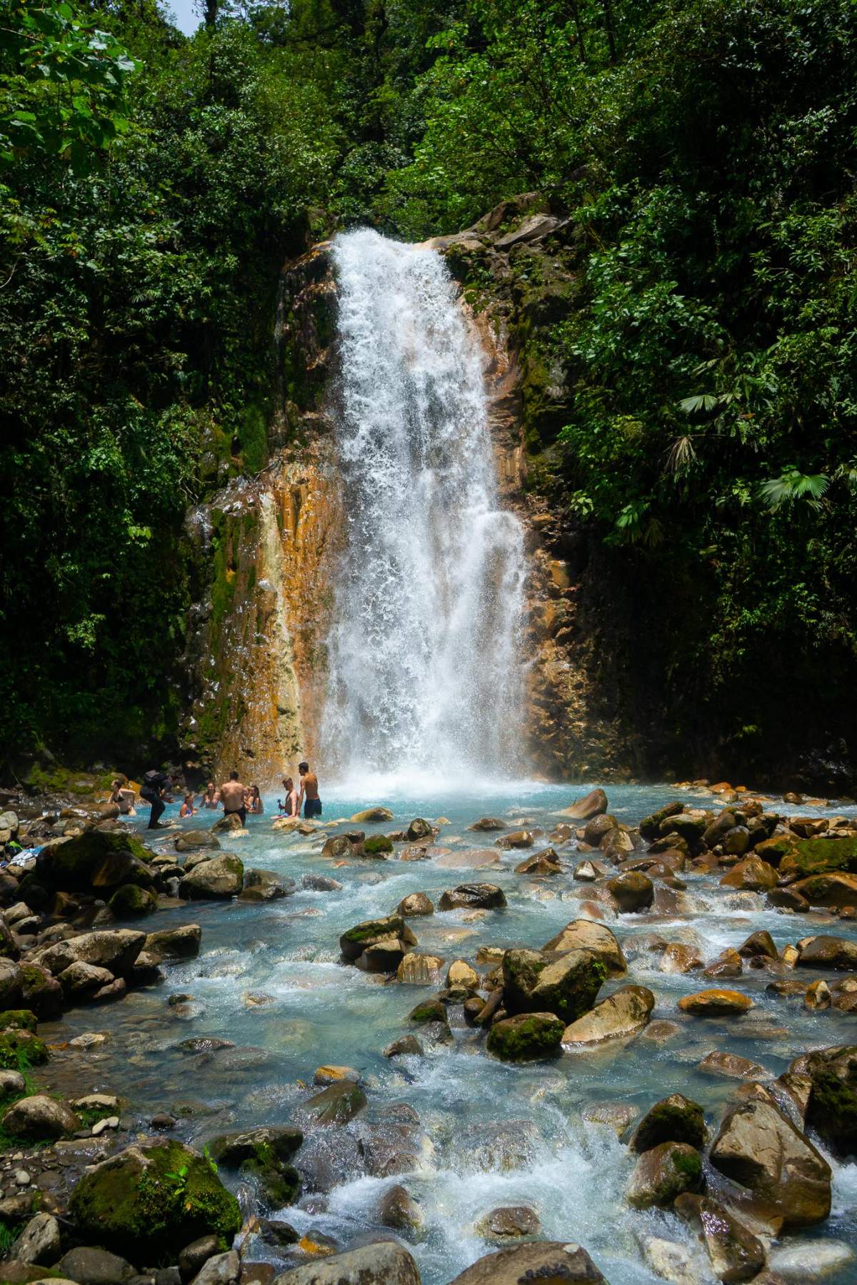 Swimmers in a rocky pool at the base of a jungle waterfall